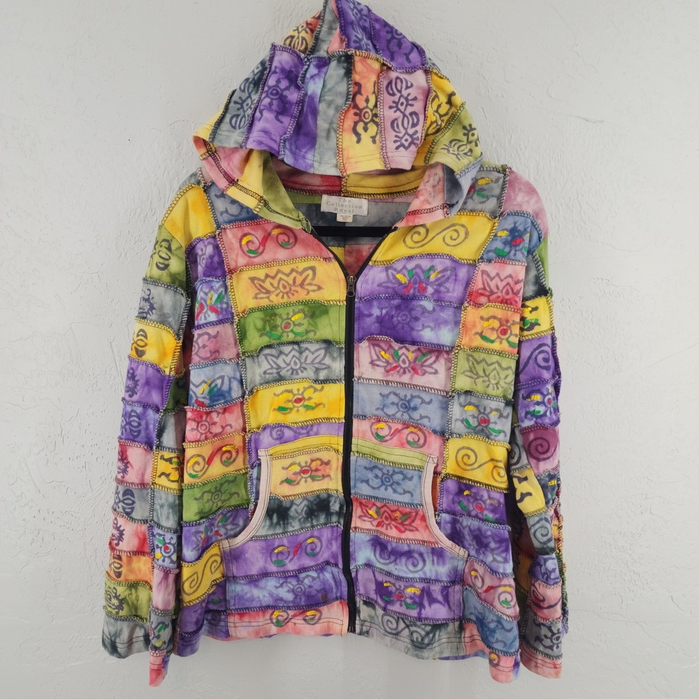 The Collection Royal XL | Multicolor Patchwork Tie Dye Boho Zip Up Hoodie Womens